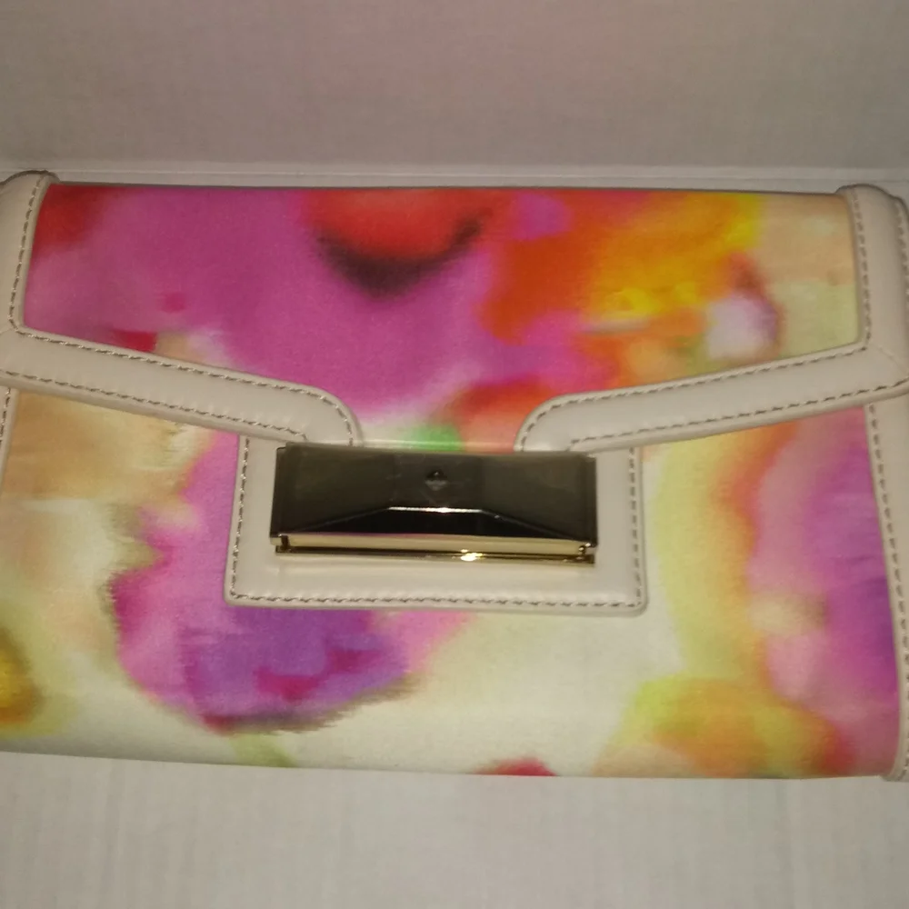 KATE SPADE MULTI COLOR SATIN CLUTCH WITH LEATHER TRIM - Picture 10 of 13